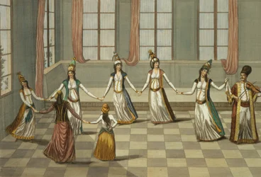 Danse à la mode chez les femmes grecques de Constantinople, menée par la femme tenant un mouchoir, gravée par Ignazio Colombo, vers 1816